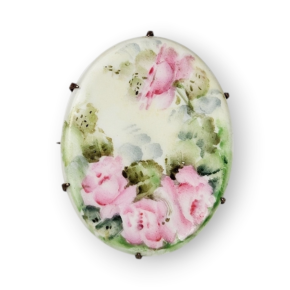 Antique Hand Painted Porcelain Brooch Pink Green Roses Oval 1910s Arts & Crafts